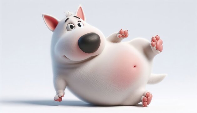A playful, cartoon-like white dog, charismatically round and cheerful, perfect for children's products, animations, and marketing campaigns.