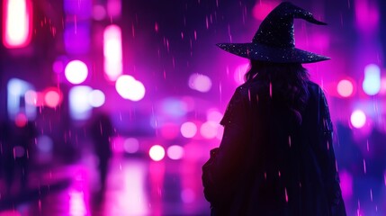 A futuristic vampire with cybernetic enhancements stalking the neon streets on Halloween