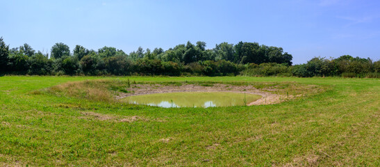 Panoramic photo of a round pond in the wild nature surrounded by green grass. North Brabant, Netherlands.