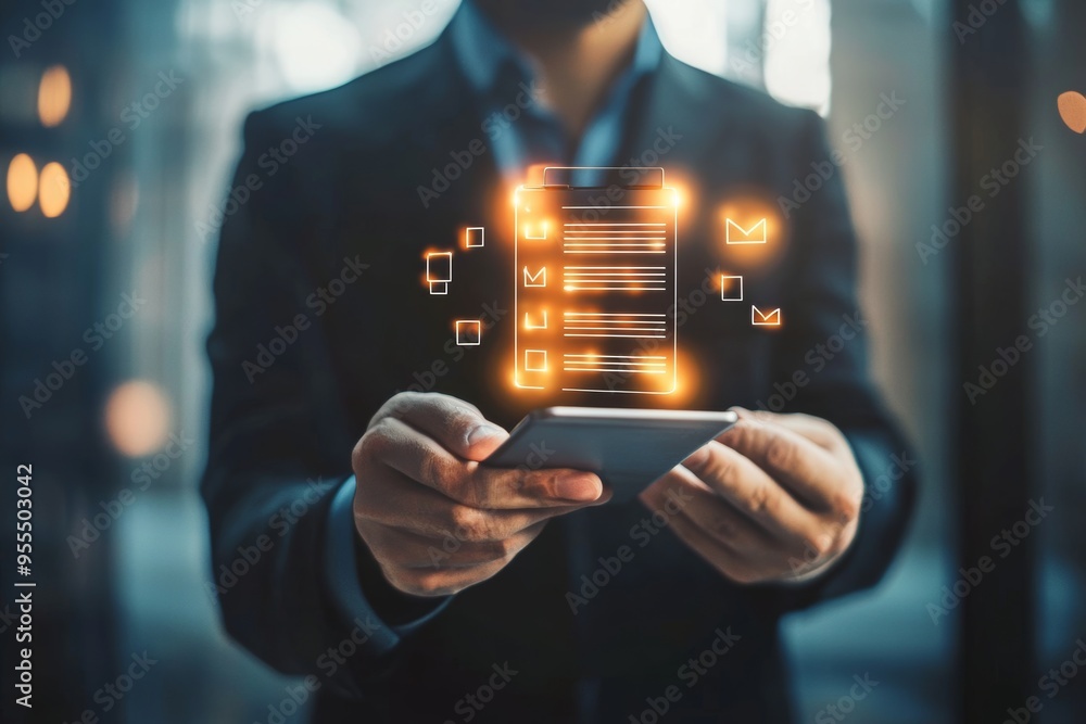 Poster businessman utilizing digital checklist for enhanced efficiency in technology management