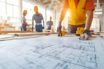 Construction Engineer Team Inspecting Floor Plan for Interior Renovation at Industry Workshop Building