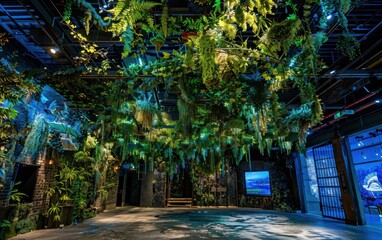 Cascading prehistoric plants create a dramatic event ceiling installation in an urban venue
