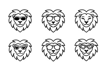 6 Lion Heads with Sunglasses – Vector Art Illustration