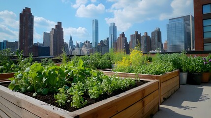 Fototapeta premium A rooftop garden with a variety of herbs and vegetables growing in raised beds, with a view of the city skyline