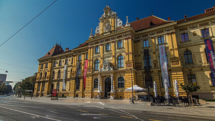 A view of the Museum of Arts and Crafts timelapse hyperlapse in Zagreb during the day. Croatia