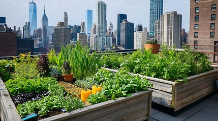 Fototapeta premium A rooftop garden with a variety of herbs and vegetables growing in raised beds, with a view of the city skyline