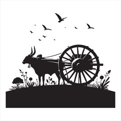 Fototapeta premium bullock cart wheel silhouette vector With White Background 