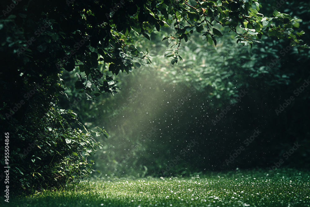 Poster misty forest clearing bathed in soft sunlight filtering through dense trees, creating a magical, ser
