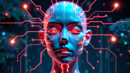 Cybernetic Human Head with Glowing Circuits Floating Data Streams