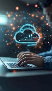 Businessman using laptop with cloud computing icon for digital technology and innovation concept