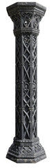 Gothic-inspired cast iron pillar with hexagonal base and capital. Intricately patterned shaft features trefoil and quatrefoil designs. Dark metal contrasts with ornate Victorian-style detailing