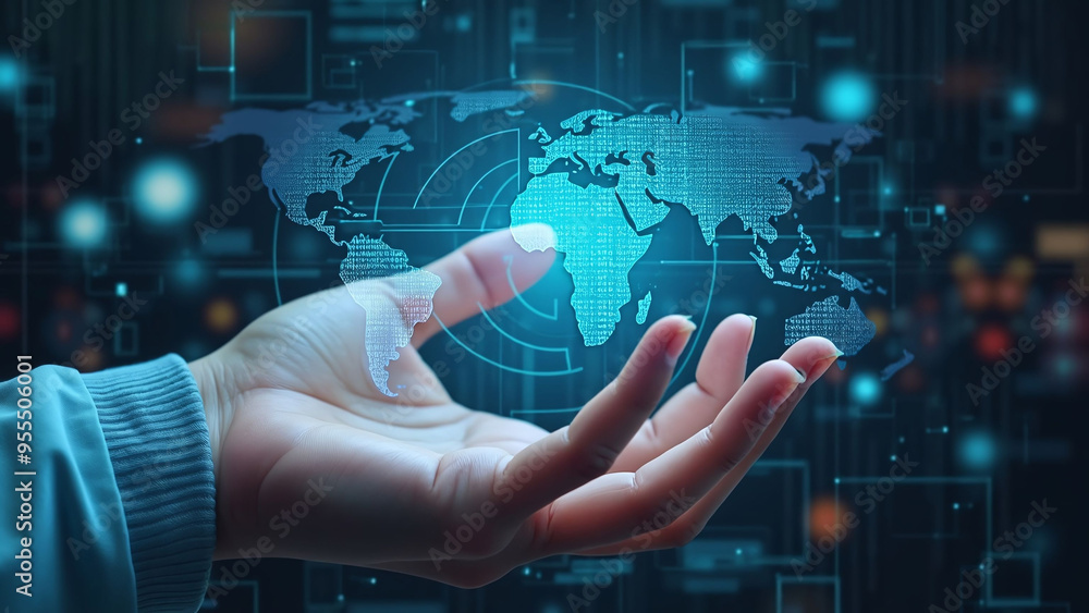 Poster futuristic global network: hand holding digital world map with data connections