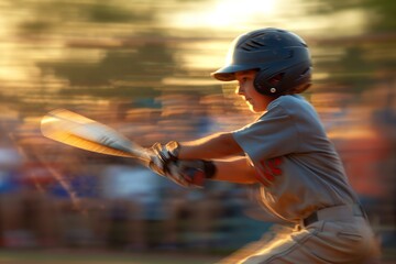 Young baseball player swings bat during a sunny game at the local field in the afternoon
