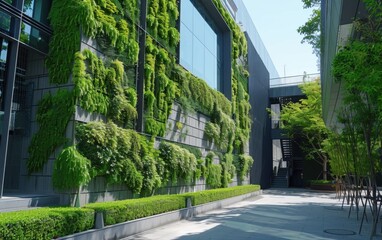 Naklejka premium Eco-friendly architectural design featuring a green wall with fossil-era plants in an urban environment