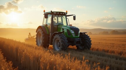 Fototapeta premium A modern tractor working in golden fields at sunset, symbolizing agricultural productivity and innovation in farming.