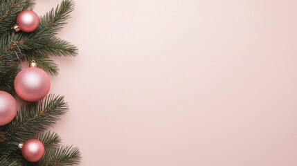 Christmas border made of spruce branches and pink Christmas balls on the left, on the right a pink uniform background for text, flat lay.