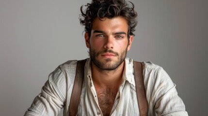 Obraz premium Handsome young man with beard and curly hair wearing retro shirt and suspenders posing with thoughtful expression against plain neutral background.