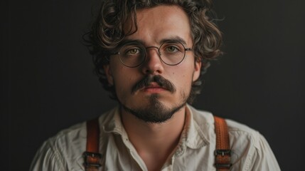 Obraz premium A bearded young man wearing glasses with curly hair and a retro shirt and suspenders poses thoughtfully against a dark background, exuding confidence and style.
