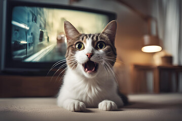 A surprised, terrified, and frightened cat watches shocking news on TV.