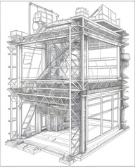 3D model of an industrial building. Drawing on a white background