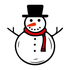 Smiling snowman with hat and scarf on a transparent or white background. Isolated vector illustration for Christmas and winter holiday designs.