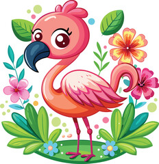 Cute cartoon isolated Flamingos on the beach