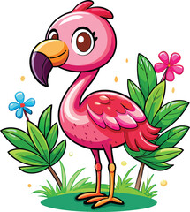 Cute cartoon isolated Flamingos on the beach