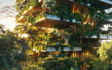 Obraz premium Modern building featuring vertical gardening with Jurassic plants, blending contemporary design and prehistoric elements in a vibrant urban setting