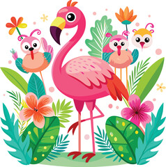 Naklejka premium Cute cartoon isolated Flamingos on the beach