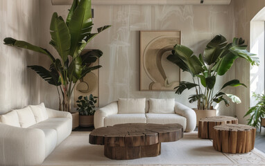 Modern interior design with prehistoric plants in a cozy living room setting