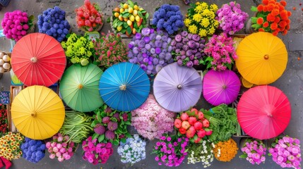 Colorful Umbrellas and Flowers at a Market Stall