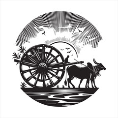 Fototapeta premium bullock cart wheel silhouette vector With White Background 