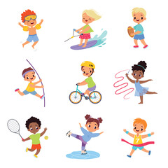 Kids Sport with Girl and Boy Character Enjoy Sportive Activity Vector Set