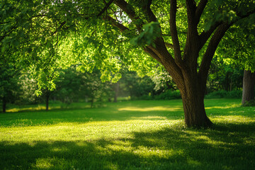 Fototapeta premium sunlit park scene featuring a large tree with sprawling branches, casting cool shade over the grassy lawn below in a peaceful setting