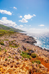 Skinari Lighthouse at the northern cape of Zakynthos island in Greece.