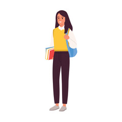 Vector illustration of a beautiful, slim student girl. Cartoon scene of a girl wearing a shirt, a yellow vest, pants, a blue backpack on her shoulder, holding a book isolated on a white background.