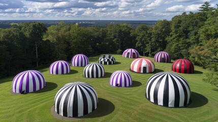 Colorful Striped Domes in a Green Field