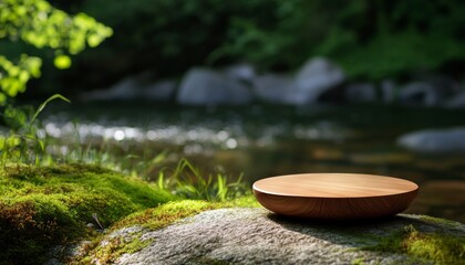Serene wooden meditation cushion surrounded by lush greenery for tranquil reflection moments