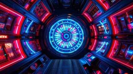 Futuristic Arcade with Neon Lights and Spinning Wheel