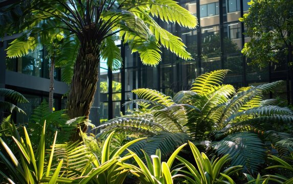 Prehistoric plants flourish in urban park, showcasing vibrant cycads and ferns amid towering glass buildings