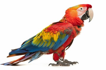 Red macaw parrot isolated on white background. Bird pet with copy space 