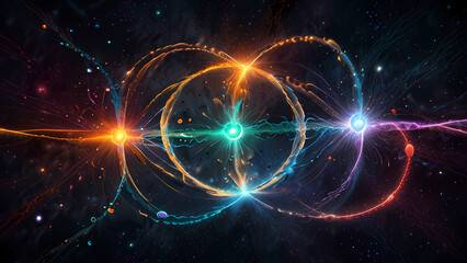 Naklejka premium An abstract digital illustration representing positive and negative ions in a cosmic field, with vibrant electric arcs and glowing particles, creating a sense of energy flow and balance