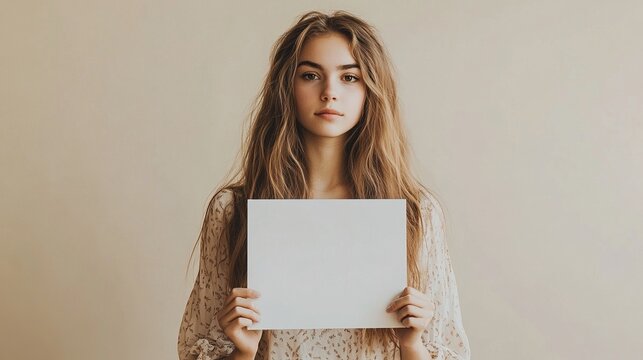 Young woman holding a blank white paper, ready for custom text or message