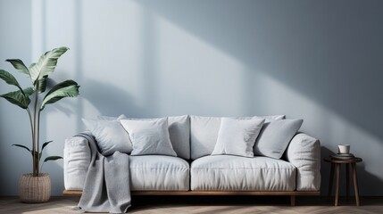 A modern, minimalist living room with a large, plush sofa adorned with pillows, set against a light blue wall complemented by a lush green plant in a woven basket.