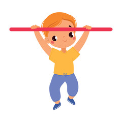 Boy Character Hanging on Bar Do Sport Vector Illustration