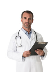 male doctor holding medical record clipboard in white coat with stethoscope isolated on transparent background