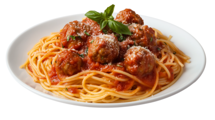 Plate of spaghetti with meatballs isolated on transparent background