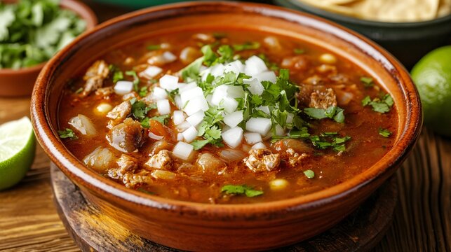 A bowl of traditional Mexican menudo, a tripe soup with hominy, garnished with onions, oregano, and lime