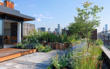 Sustainable rooftop oasis featuring prehistoric plants in an urban setting with city skyline views