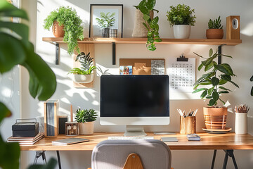 Stylish home office with desk plants creating green workspace decor
